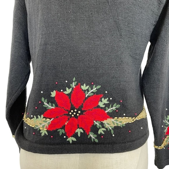 Design Options Cardigan Holiday Poinsettia Floral Black Beaded Size Large VTG - Picture 5 of 12